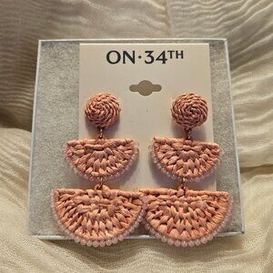 On 34th Pink Bead & Woven Raffia Drop Earrings- NWT